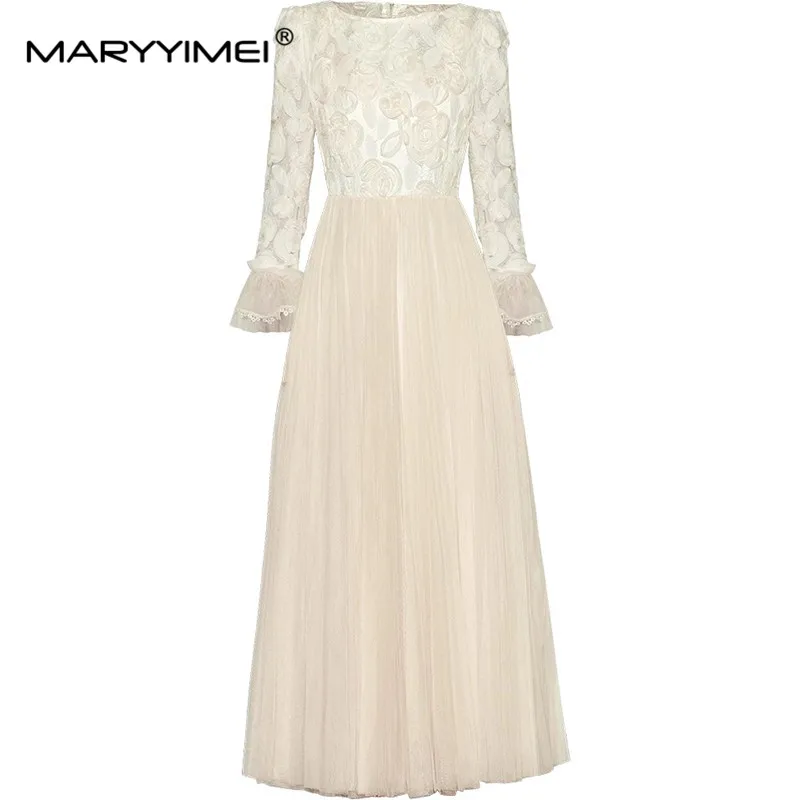 

MARYYIMEI Fashion design Spring Summer Women's Flare Sleeved Mesh Appliques Splicing Streetwear Ivory White Dresses