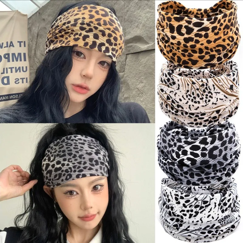 Women Wide -Side Pilates Elastic Hair Bands Yoga Leopard Print Headband Running Cycling Turban Makeup Hair Hoop Makeup Headwrap