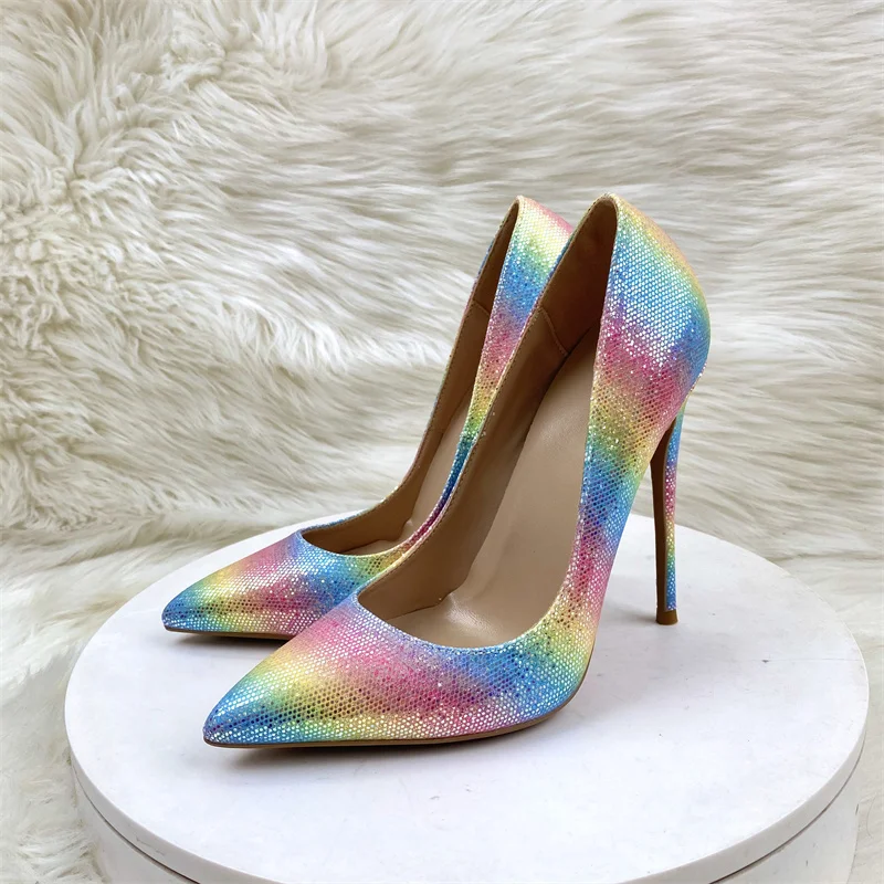 

Sexy glossy colorful rainbow gradient pointed toe 12cm 10cm 8cm 6cm high thin heel brand dress shallow women pump RM036 ROVICIYA