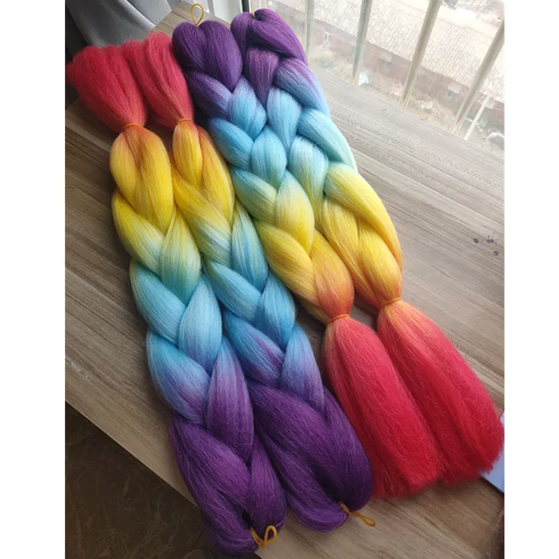 Synthetic Jumbo Braids Hair Extensions 24" 10Pcs Pink Blue Ombre Braiding Bulk for Crochet Braids Hairstyle