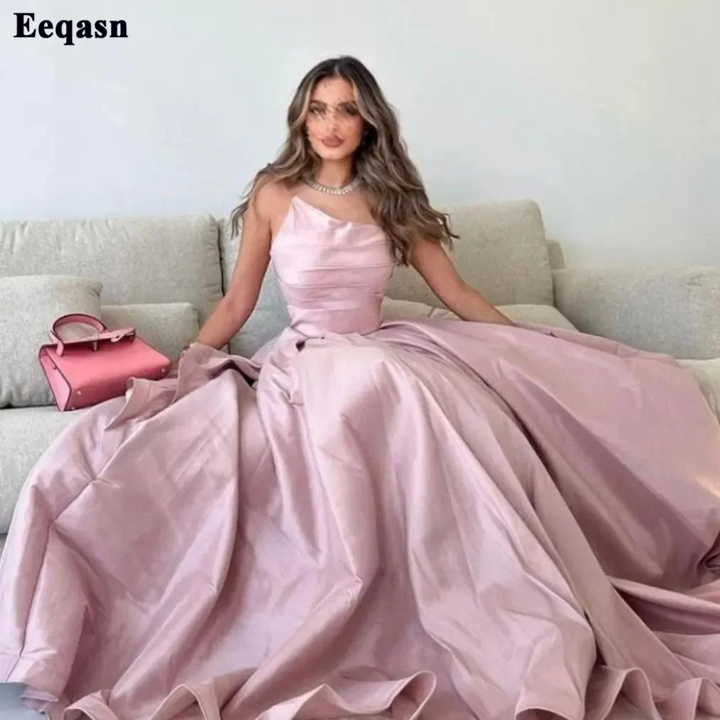 

Eeqasn Pink Taffeta Saudi Arabia Prom Dresses Pleats Formal Women Eveing Dress Special Occasion Party Dubai Bridesmaid Gowns