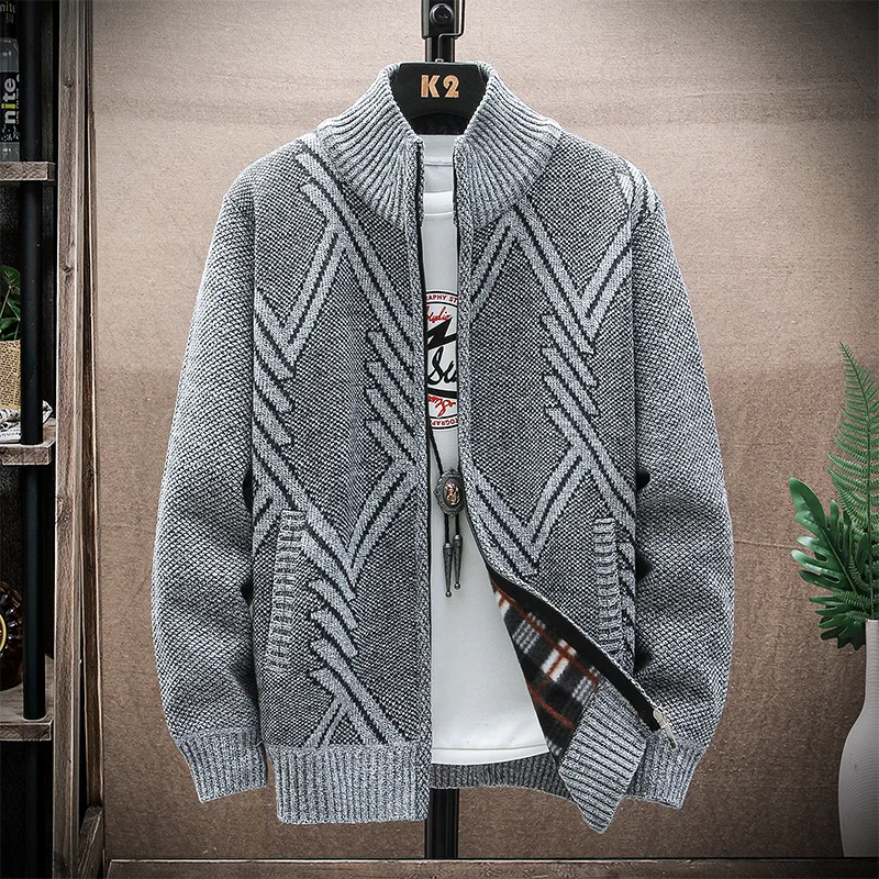 Men's Hooded Cardigan Sweater Winter New Fleece Zipper Stand up Collar