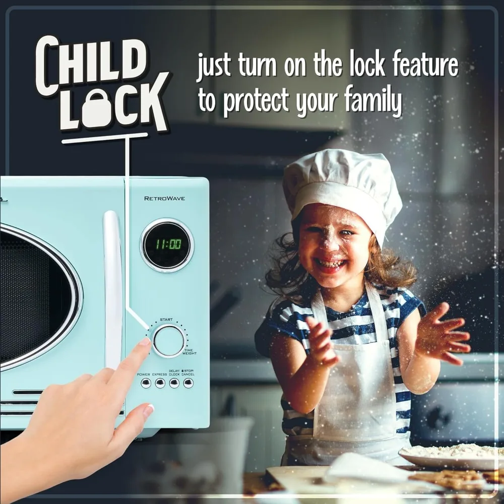 Retro Countertop Microwave Oven-Large 800-Watt 0.9 cu ft-12 Pro Programmed Cooking Settings Digital Clock