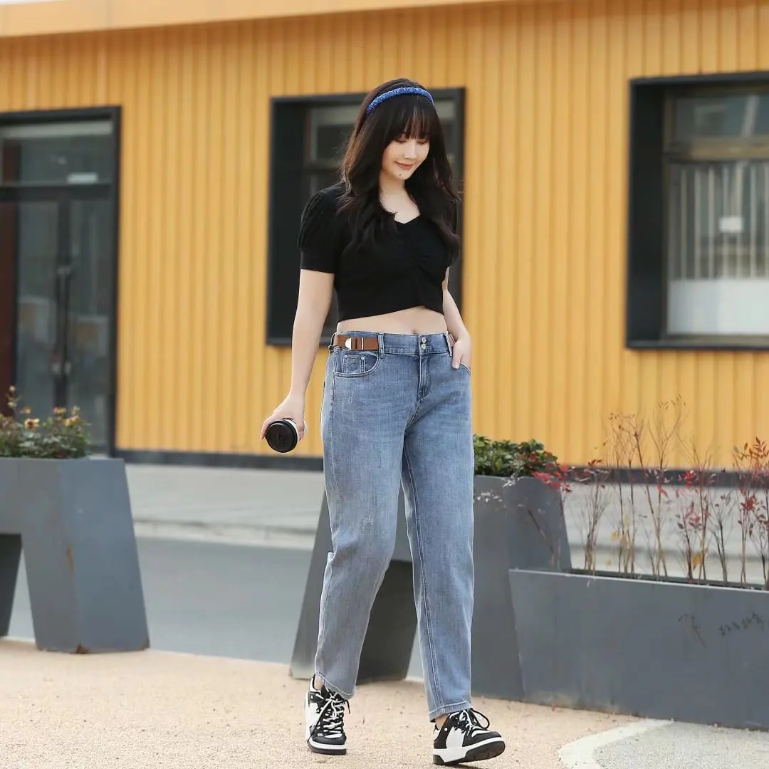Women's Clothing Jeans 2022 Spring Fashion High Waist Stretch Denim Harem Pants Casual Brief Belt Bottoms D6-8071 brown jeans