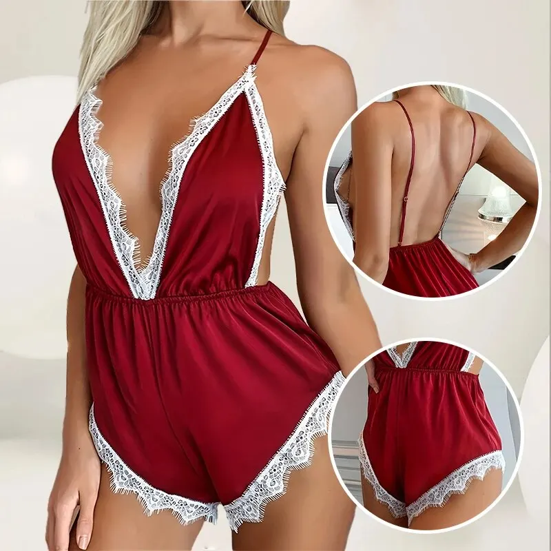 Women Jumpsuit Fashionable Red Suspender Sleeveless Satin Sexy Lace Patchwork Backless