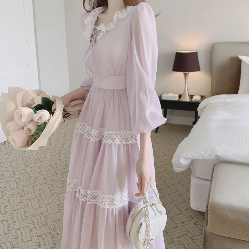 French Vintage Fairy Midi Dresses for Women Lantern Sleeve High Waist V-neck A-line Princess Party Dress Casual Female Vestidos