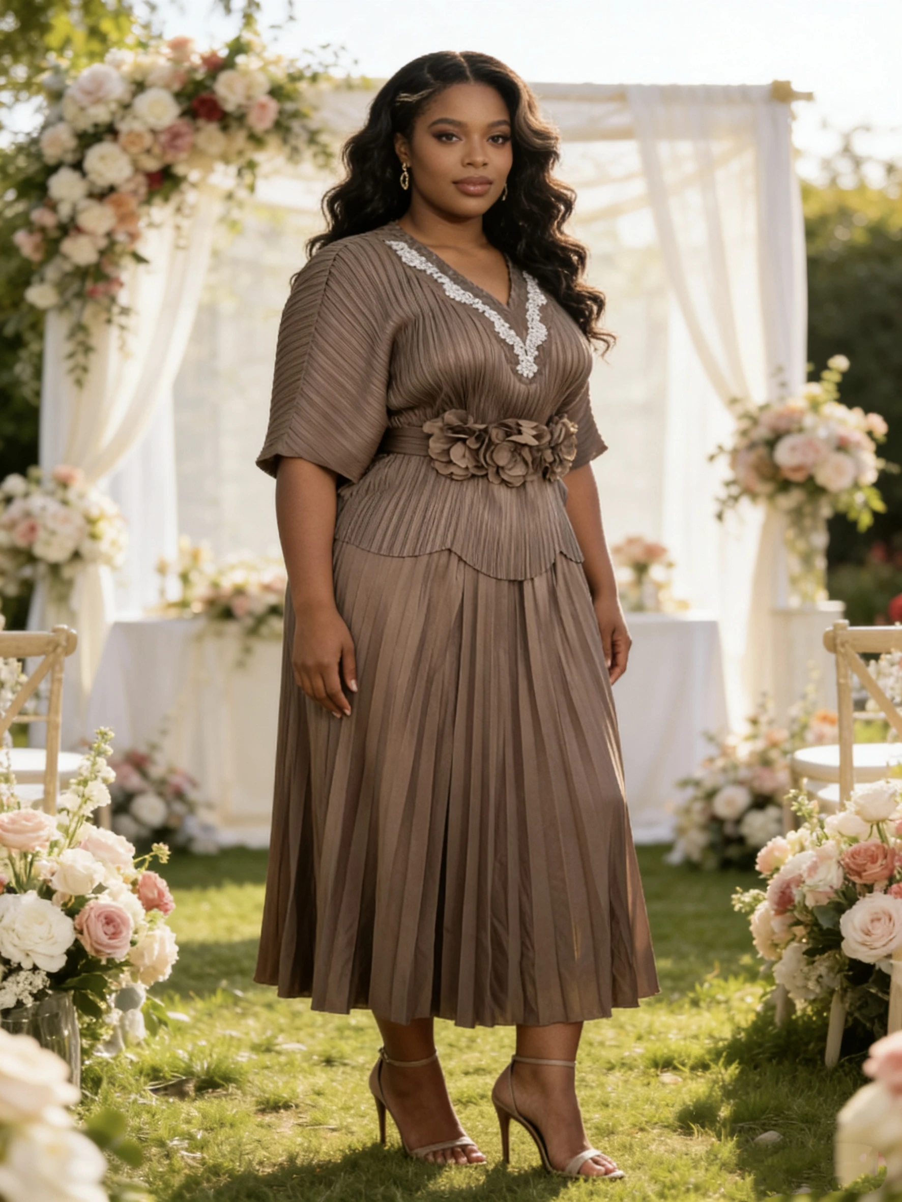 Miyaki Plus-Size Skirt Suit with V-Neck and Batwing Sleeves, Miyake Floral Belt, Pleated Casual Elegant Style for Socialites, Suitable for Banquets, Weddings, Fashion Parties, Commuting, and Dates 4