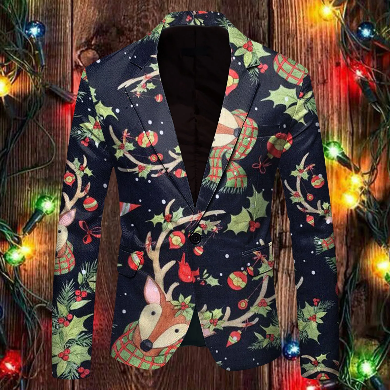 

Men Christmas Snowflake Santa Printed Pocket Lapel Button Suit Jacket Suit