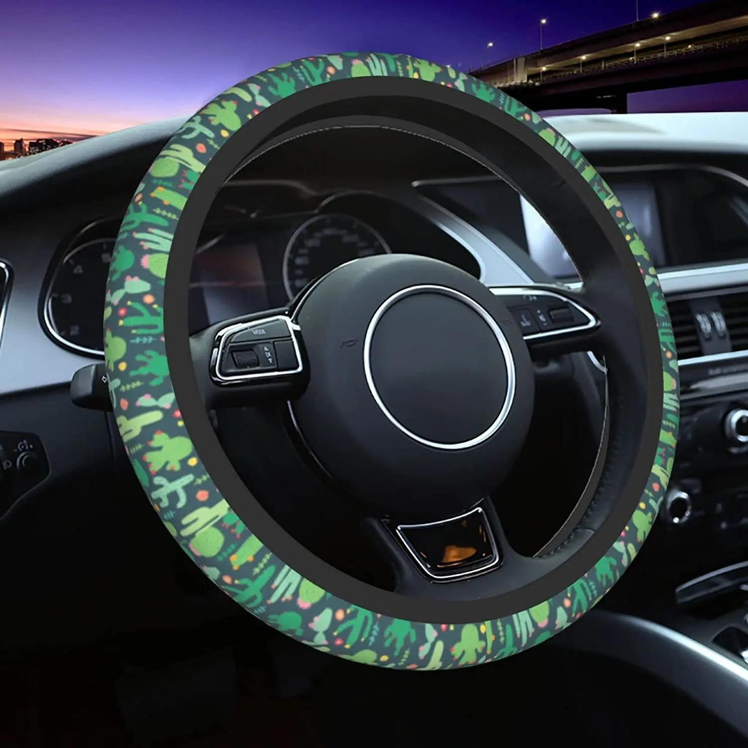 Cute Cactus Green Steering Wheel Cover 15 Inches Anti Slip Car Steering
