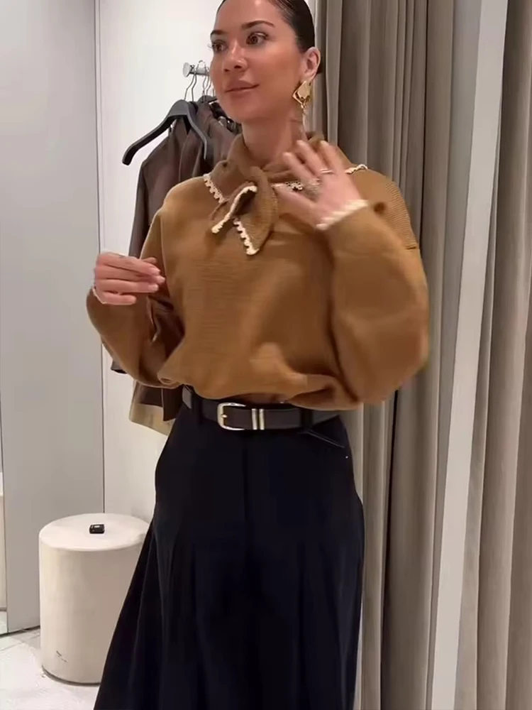 Women's Elegant Knitted Sweater Women Fashion Long Sleeve Scarf Collar Sweater Pullover 2025 New Casual Loose Knitwear Tops ﻿