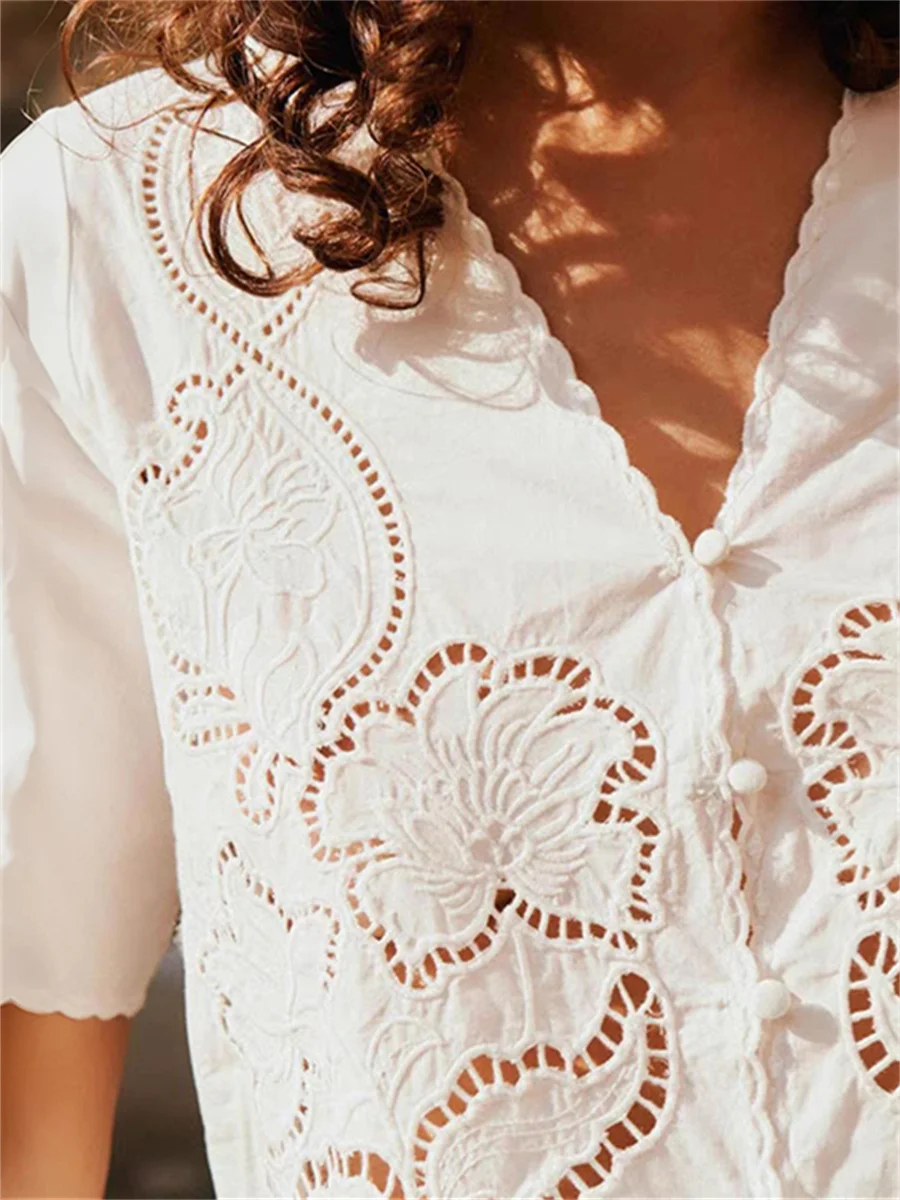Hollow out Women Embroidery Shirt V-neck Short Sleeve Lady Elegant 2025 Summer Cotton Blouse Chemise