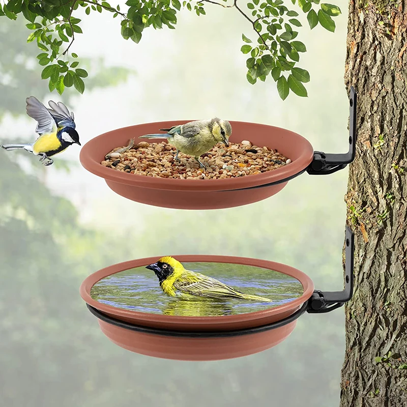 

2 Layers Wall Hanging Bird Feeder Tray Bowl Tree Mounted Bird Bath Spa Include 2 Bird Trays Metal Rings Screws Attracts Birds