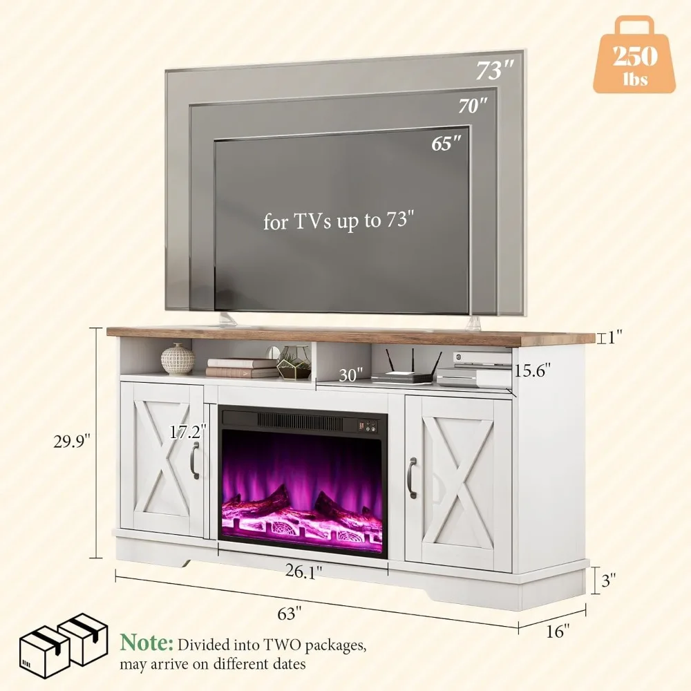 5-Piece Set 63" TV Stand with 26" Fireplace, 40" Coffee Table, 2 End Tables with Charging Station & USB Ports,Living Room Table