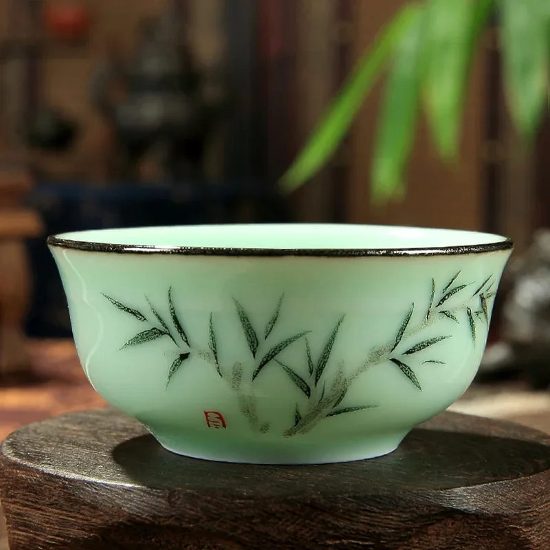 60ml Celadon Landscape/Orchid/Bamboo Rhyme Teacup Hand-painted Embossed Singer Carp Fish Creative Chinese Pu'er Cup 7*3.2cm