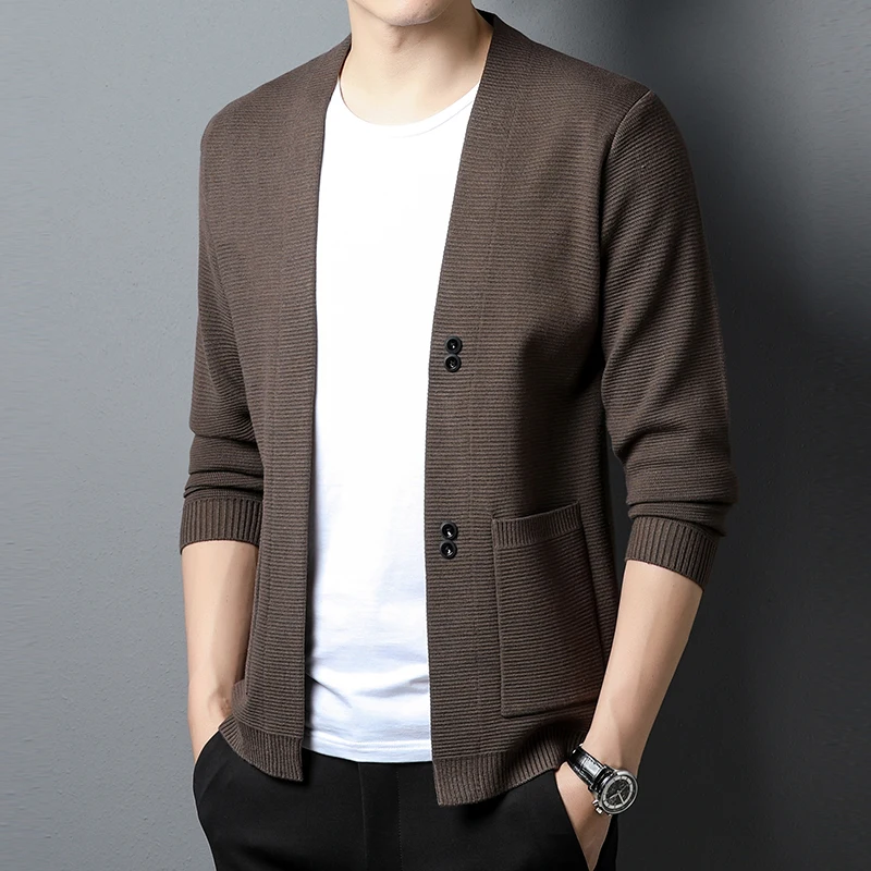 

New Autumn Men's Cardigan Solid Color Plaid Fashion Business Casual Knitted Sweater Warm Sweater