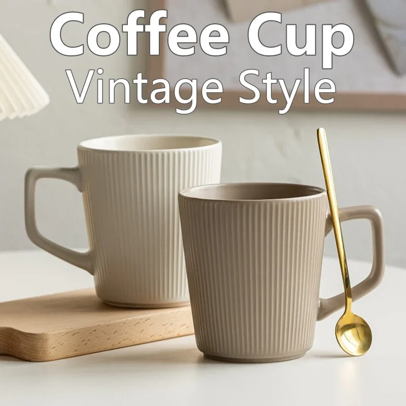 Vintage Style Striped Ceramic Coffee Mug with Handle – High Capacity Breakfast and Beverage Cup