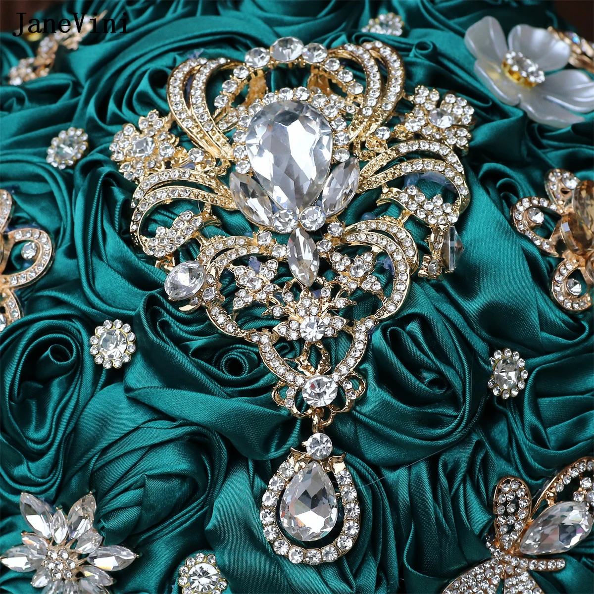 Bling Rhinestone Jewelry Dark Green Waterfall Bridal Bouquets Handmade Satin Roses Cascading Flower Bouquet for Wedding