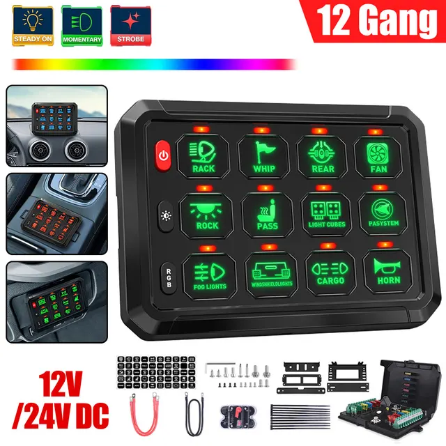 Universal 12/8 Gang Switch Panel RGB Led Work Light DIY Bar Switches Box Controller for Universal Cars Truck Boat UTV 4X4 4WD