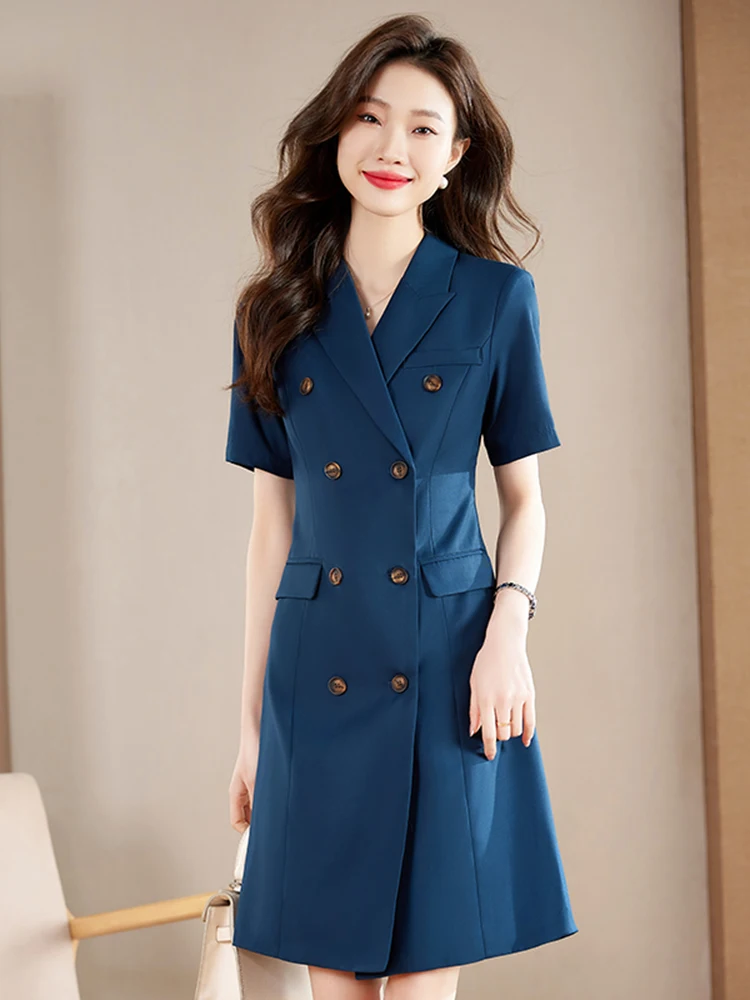 

Elegant Notched collar Short Sleeves A-line Mini Blazer Dresses Women Summer New Bow Ruched Slim OL Short Dress Vestidos