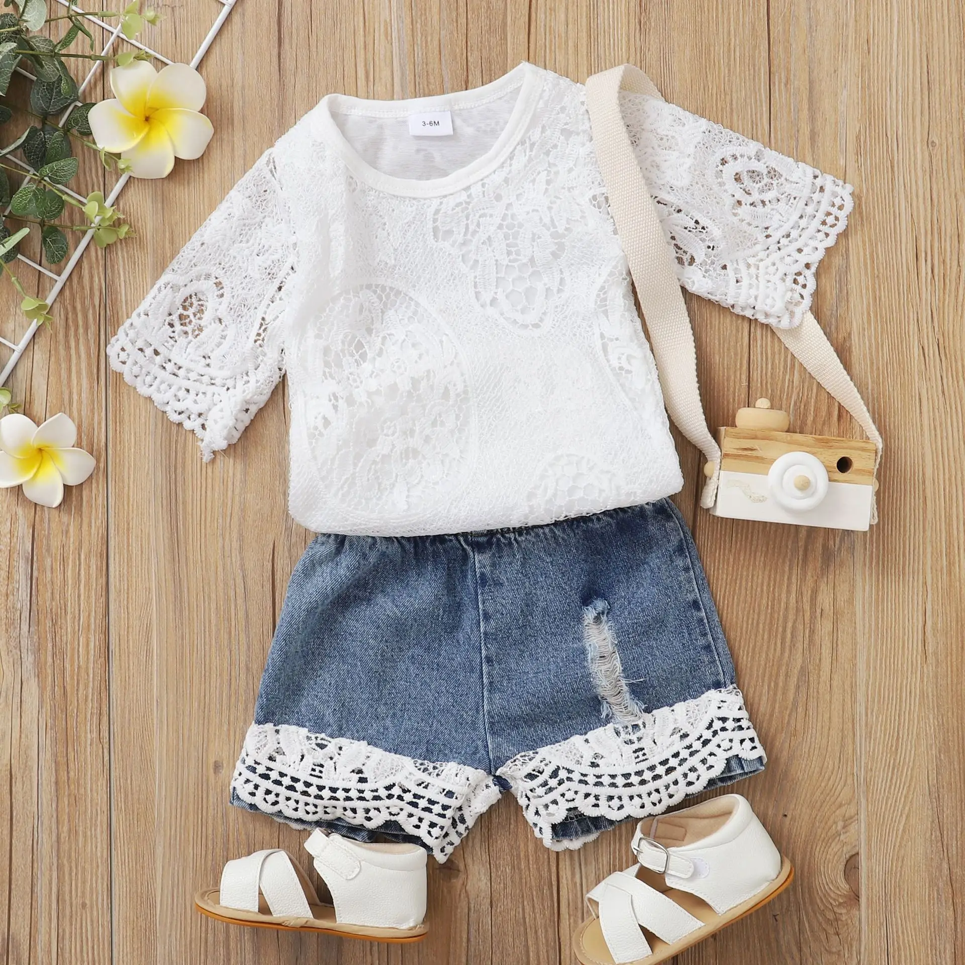 Newborn Baby Girls Summer Clothing Sets Lace Romper Tops +denim Jeans Shorts Infant Outfit Girl