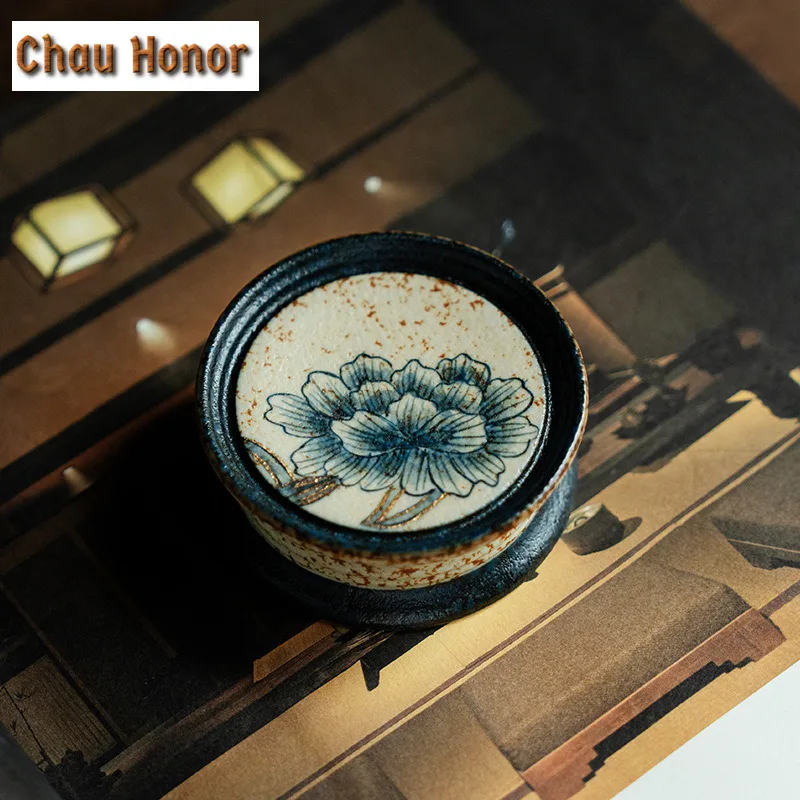 Blue And White Flint Red Teapot Cover Holder Handmade Gold Drawing Peony Flower Cover Frame Zisha Pot Lid Shelf Teaware Craft