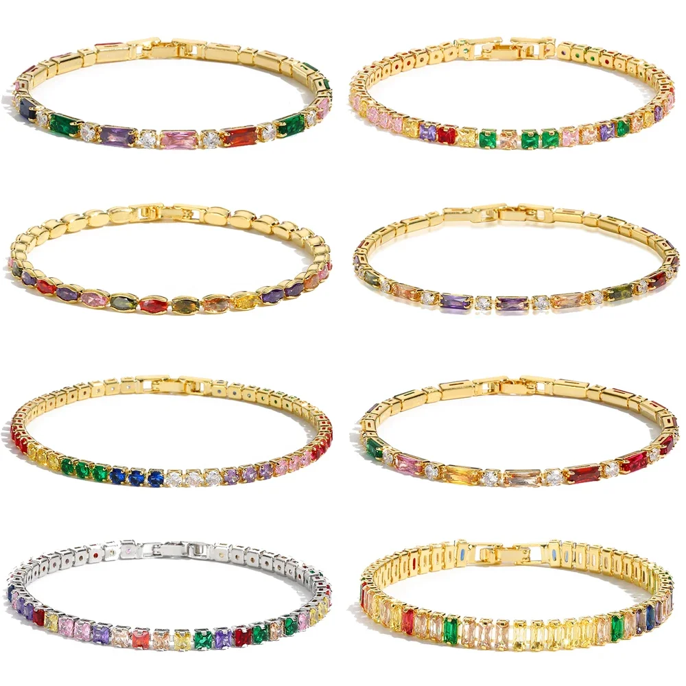18K vergoldet neue Regenbogen CZ Tennis Armbänder für Frauen Armreif bunte Zirkonia Femme Braut Hochzeit Schmuck Geschenk