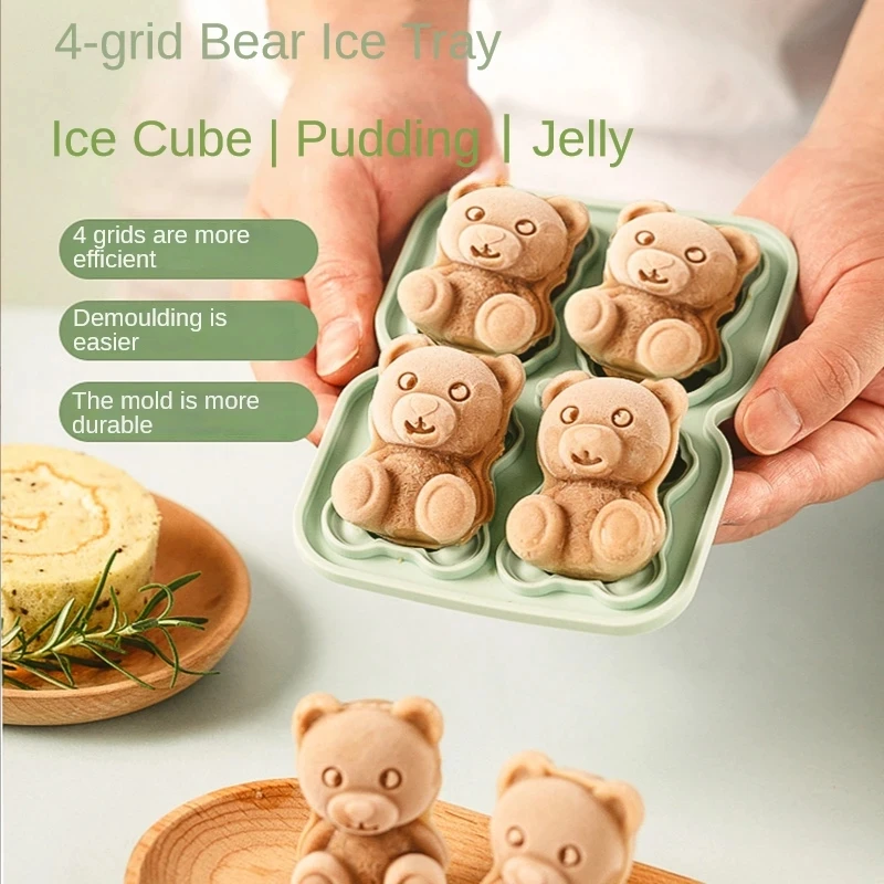 4 Grid Bear Ice Cube Tray Mold Silicone Odourless Cartoon Whiskey