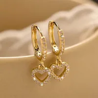 Boucles d'oreilles de luxe en cristal et Zircon pour femmes, pendentif en forme de cœur, couleur or, cercle creux, boucle d'oreille géométrique, bijoux de mariage 1