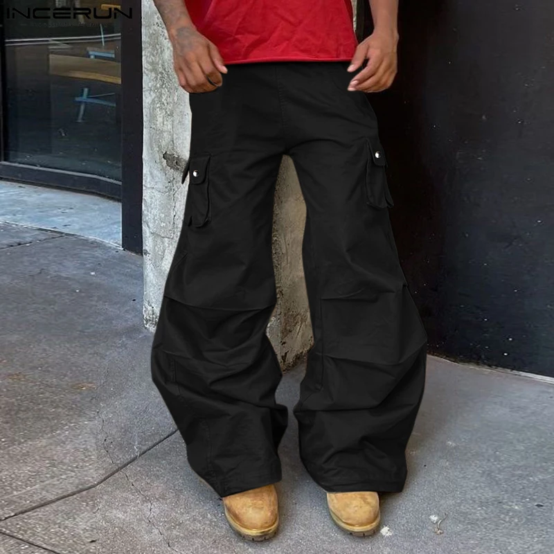 INCERUN Summer Men Wide Leg Pants Fashion Cargo Pants Solid Pocket Pleated Long Trousers Oversized Pantalons Men's Clothing 3