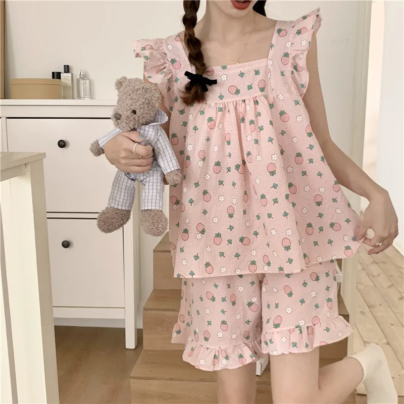 

Cotton Linen Pajama Set Student Summer Sleepwear Strawberry Casual Home Clothes Sleeveless Shorts Suit Nightwear Sweet Soft