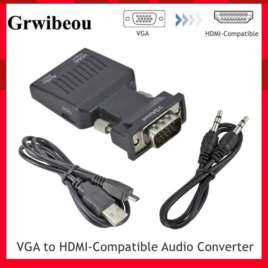 Grwibeou 1080P Convertitore Da Vga A Hdmi Compatibile Con Adattatore Hdmi A Vga Con Alimentazione Audio Per Monitor Hdtv Proiettore Pc Ps3