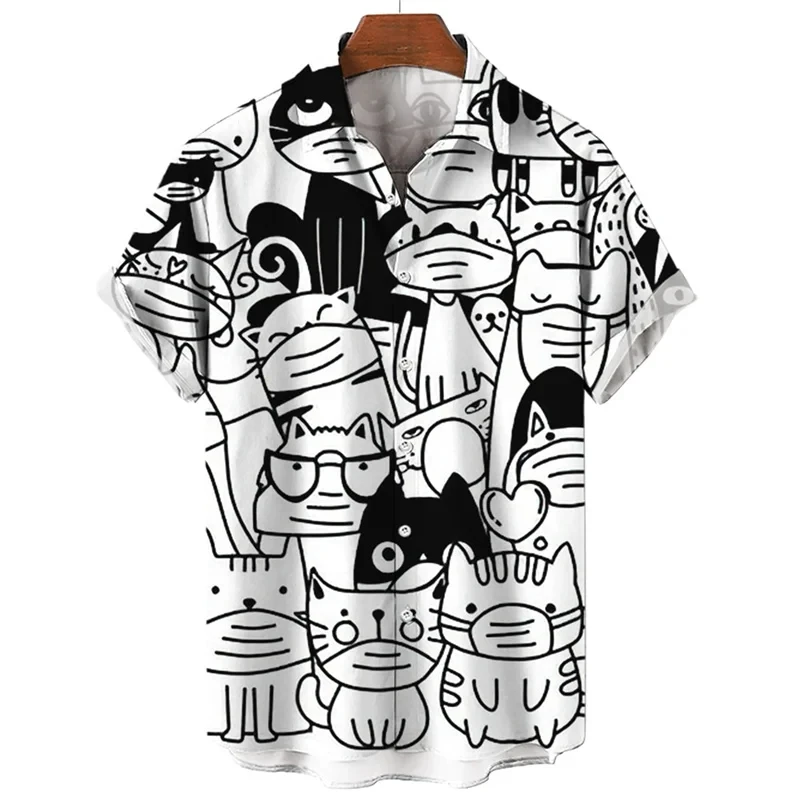 thumbnail image 1 of Camisa con estampado de gato en 3D para hombre, camisa hawaiana holgada de manga corta con botones, ropa de playa para vacaciones, ropa para niños, 1 of 5