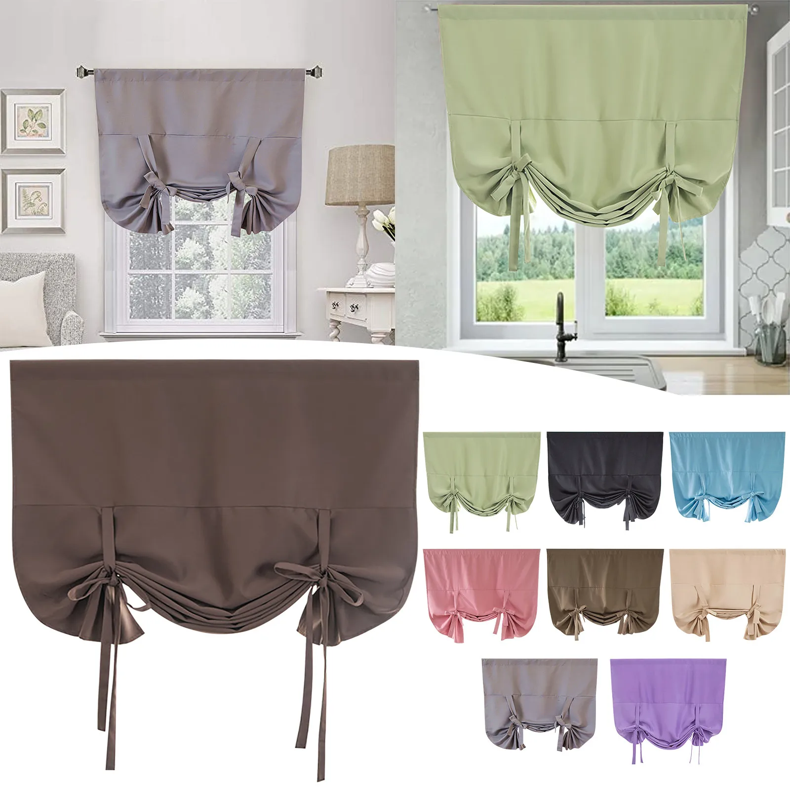 Solid Color Lace Up Curtains For Windows Rod Pocket Roman Blinds Curtains For Kitchen Bedroom Living Room Doors Window 117x160cm