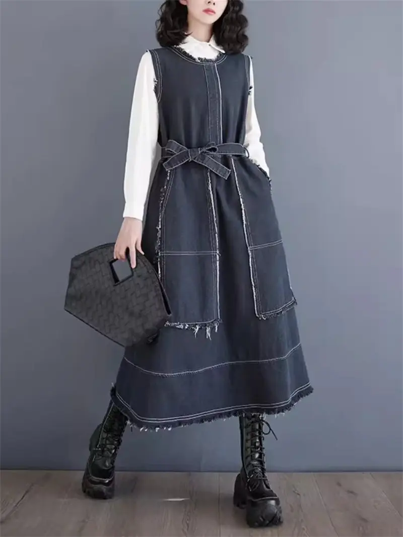 

Джинсовое длинное платье без рукавов 2024 женское весеннее повседневное свободное платье средней длины с бахромой и краями винтажные джинсовые платья K1414