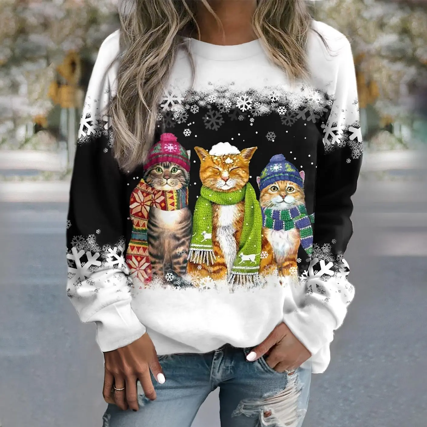 

Women's Christmas Kitten Snowflake Sportswear Holiday Casual Round Neck Long Sleeve Top Slightly Stretchy Autumn and Winter 6XL