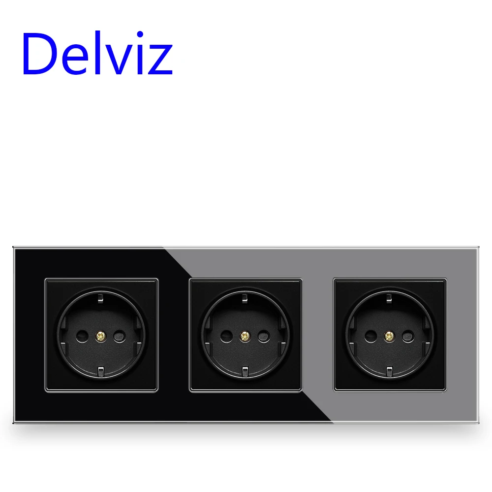 Delviz 16A Wall Power Socket, AC 110V~250V,Kitchen 3 Gang Electric plug Switch And Socket,Glass Panel, EU standard Schuko Outlet