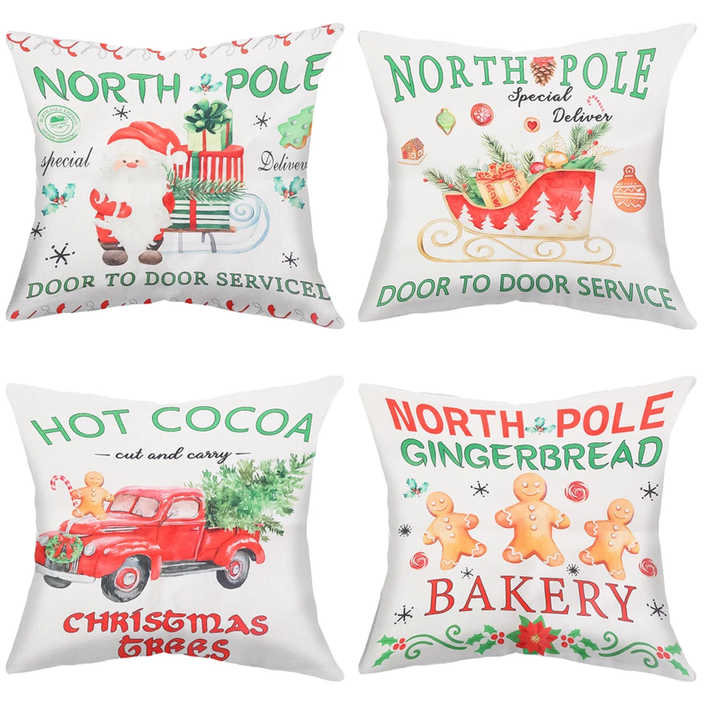 

45x45cm Christmas Pillow Cover Cartoon Print Linen Throw Pillowcase Christmas Home Party Decorations Cushion Cover for Sofa