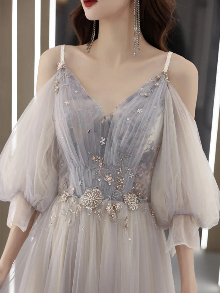 

Sweet Sling Shoulder Strapless Puff Sleeve Prom Dress Exquisite Floral Embroidery Appliques Vestidos High Waist Cascading Gown