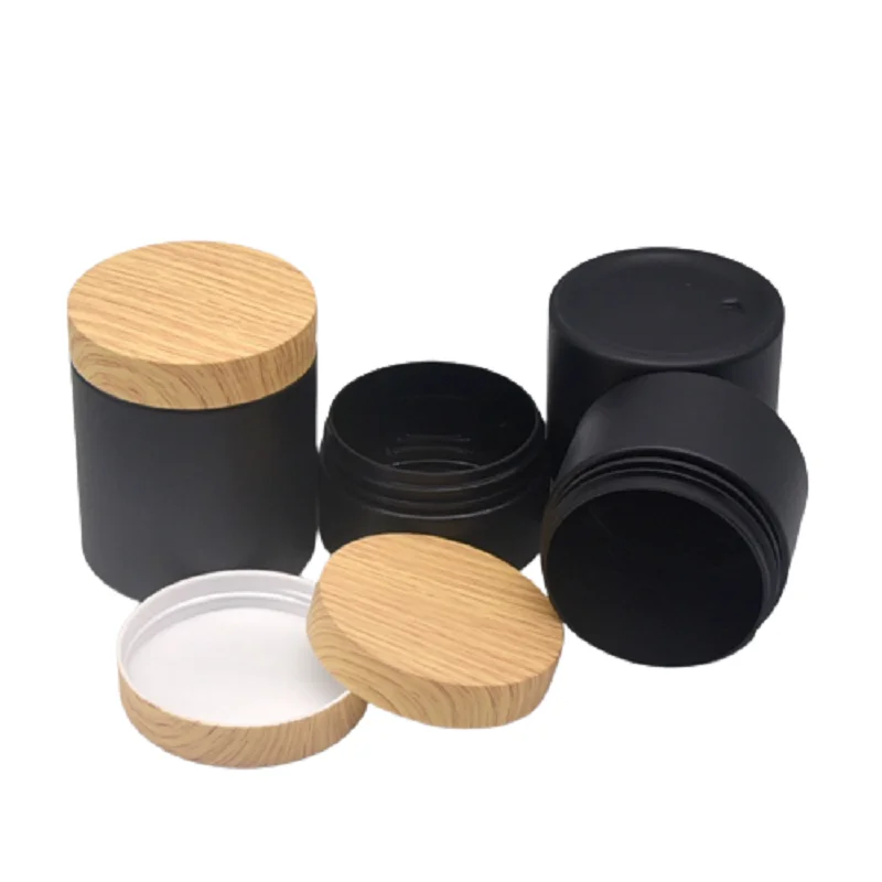 

100g 120g 150g 200g 250g Matte Black PET Cream Packaging Jars False Wood Plastic Lid Empty Facial Cream Refillable Pots 24pcs