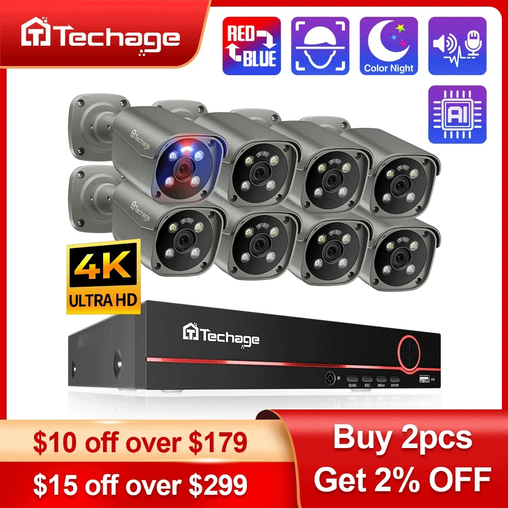 Security Camera Techage 4K Security Camera System Ultra HD 8MP POE NVR Two-Way Audio Face Detect Color Night Vision CCTV Video Surveillance Set security camera