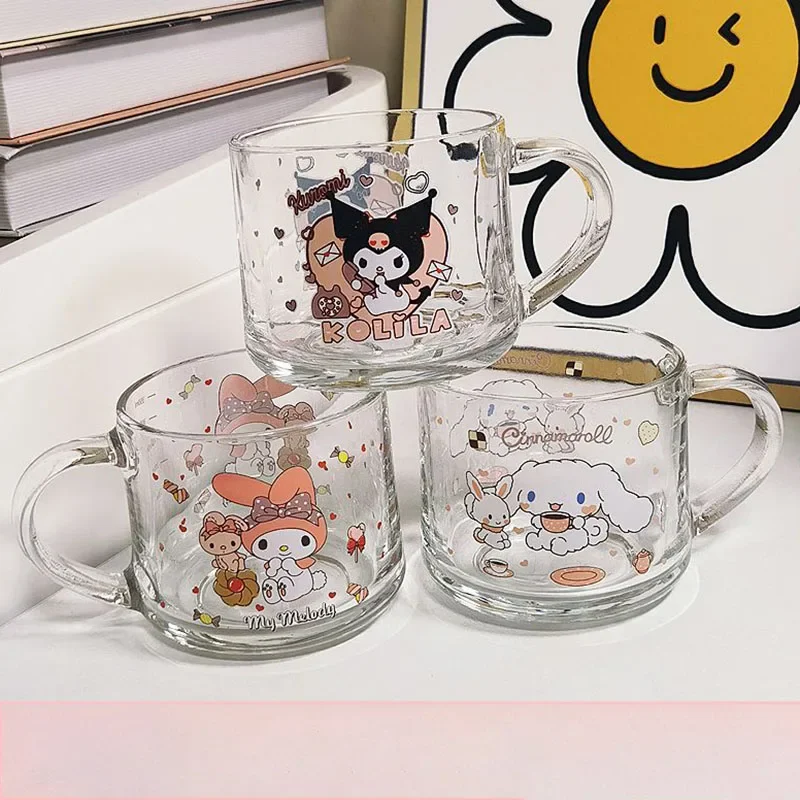 

2Pcs Sanrio Kuromi My Melody Cinnamoroll Glass Water Cup Children Kawaii Cartoon Milk Student Breakfast Cup Toys for Girl Gifts