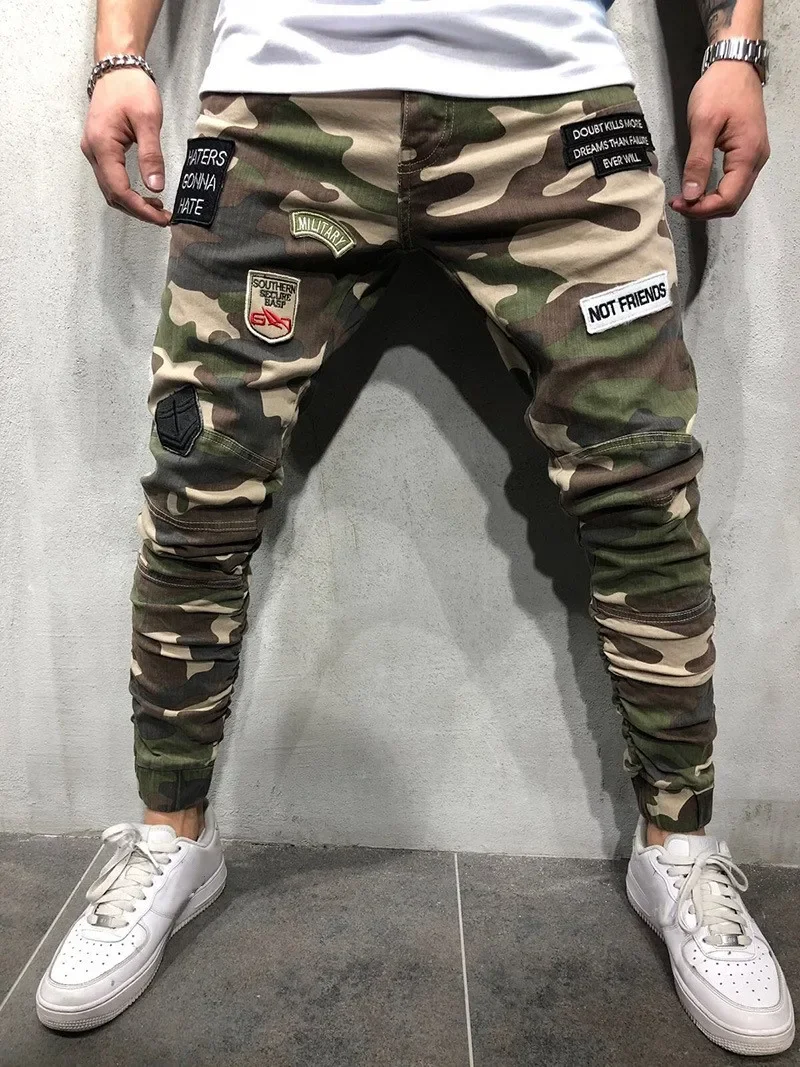 

Fashion Men Jeans Camouflage Military Army Denim Trousers Slim badge Cargo Pencil Pants Man Hip Hop Biker Joggers Hombre