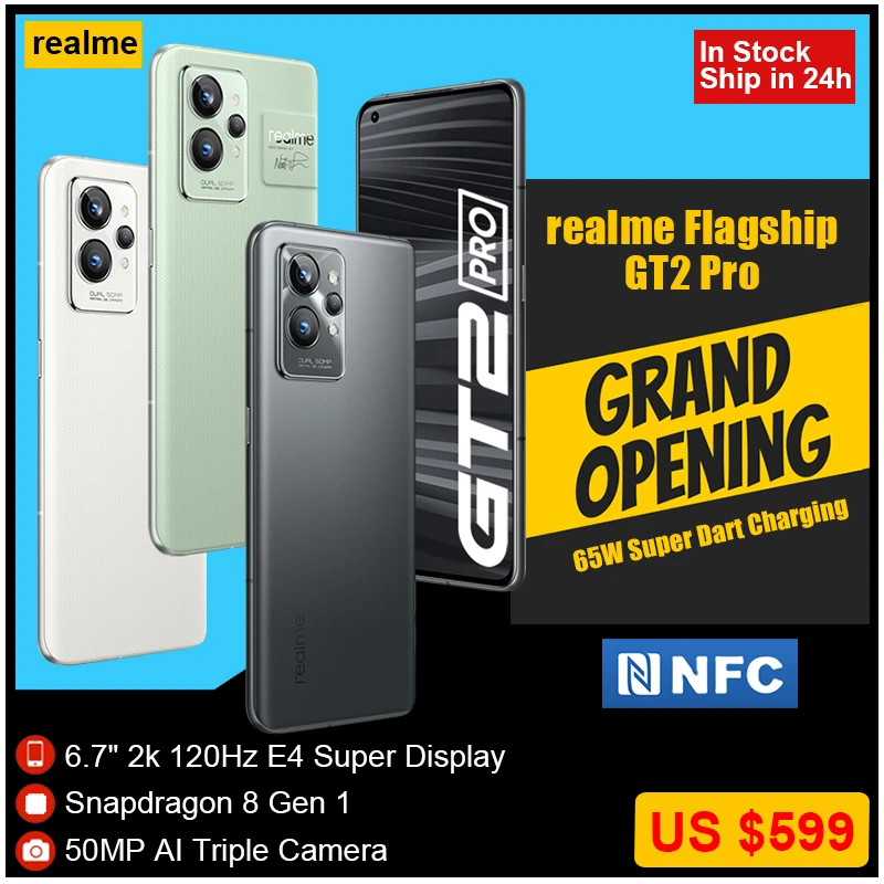 Realme GT 2 Pro 5G Mobile Phone Snapdragon 8 Gen1 120HZ 2K AMOLED Screen 5000 mAh 65W Charger 50MP google play NFC smartphone