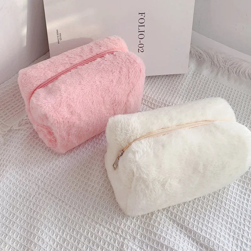 Custom Name Solid Color Cosmetic Bags Cute Fur Makeup Bag for Women Travel Make Up Toiletry Bag Washing Pouch Plush Pen Pouch 4