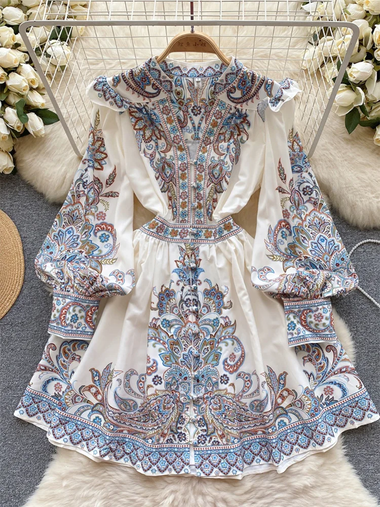 

Elegant Dresses For Women 2024 V Neck Vintage Paisley Print Mini Holiday Dress Spring Ruffle Trim Long Sleeve Bohemian Dress