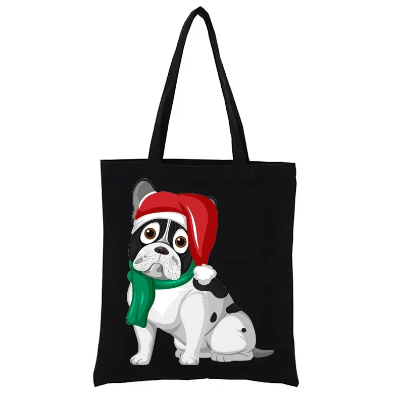 

Canvas Shopping Bag French Bulldog Wearing Christmas Hat Eco Tote Bags Aesthetic Women's Handbags Funny Fashion Shopper Eco Y2k