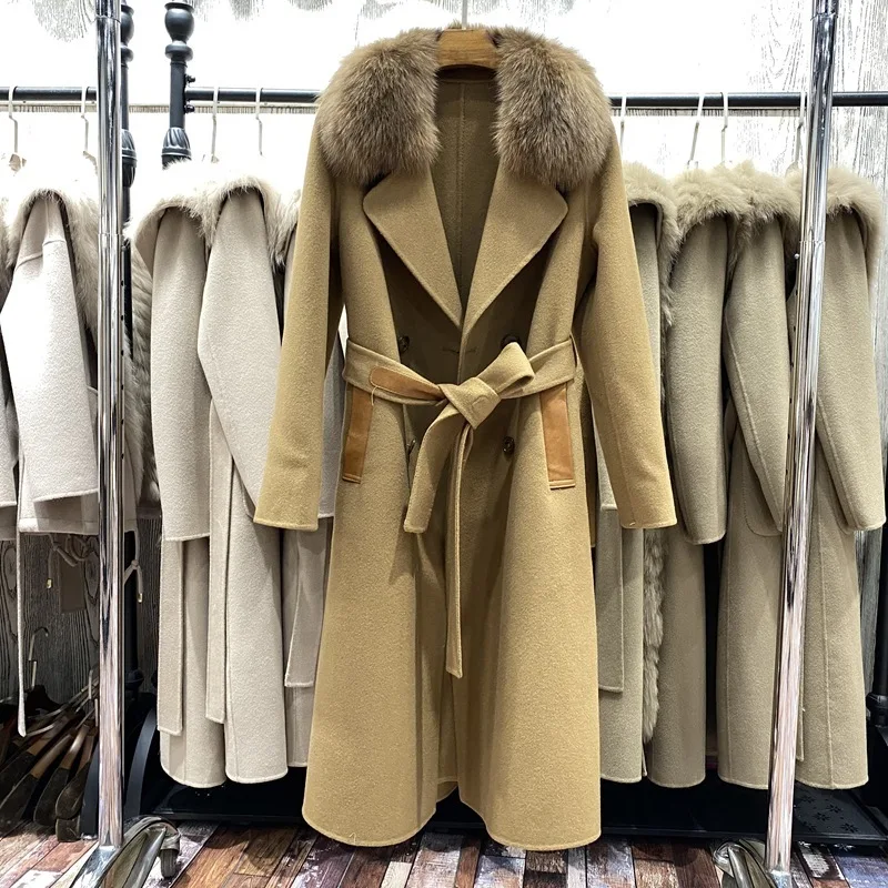 

2023 Woolen fur,New Women Real Fox Fur Collr Double-side Wool Trench Coats Lady Vintage Sheepskin Leather Patchwork Winter Wool