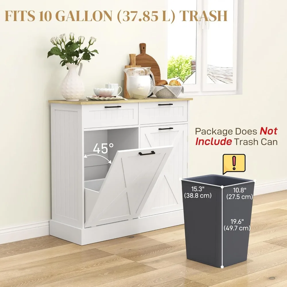 Tilt Out Trash Can Cabinet, 10 Gallon Farmhouse Kitchen Cabinet with Hidden Trash Can and 2 Drawers for Laundry Room, Pantry 5