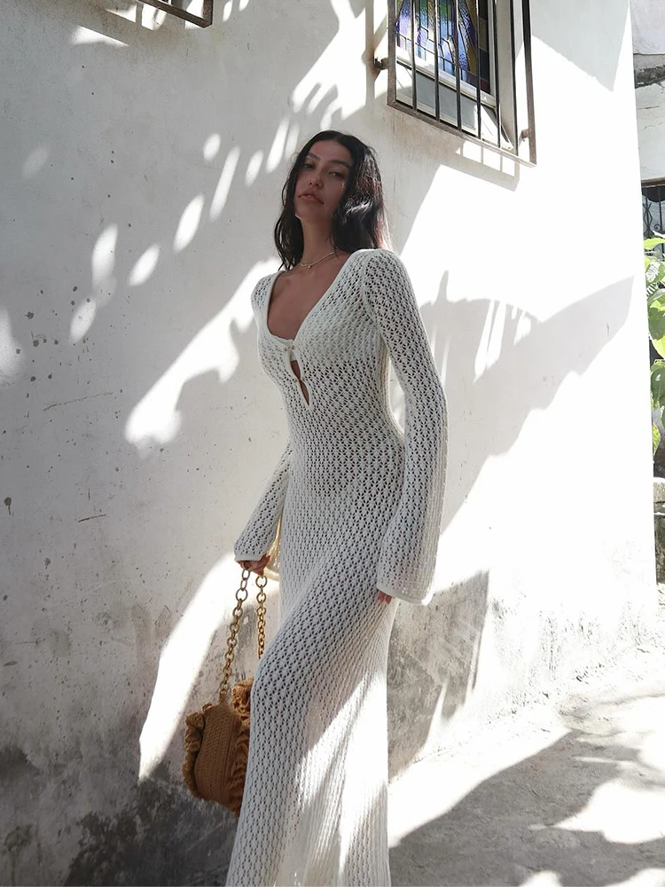 Women's Openwork Knitted Long Dresses 2024 Summer Beach V-Neck Backless Maxi Dress Bikini Cover-ups Beachwear 2