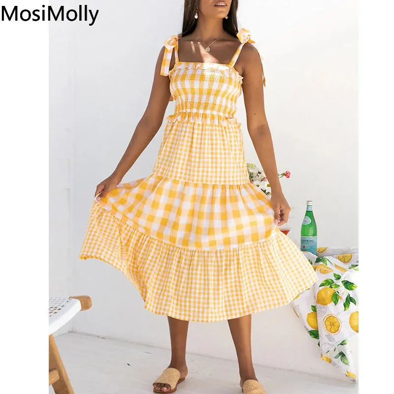 

MosiMolly 2022 Trendy Cotton Dress Yellow Plaid Strap Bow Dress Casual Day Midi Dress Patchwork Dress Female Summer